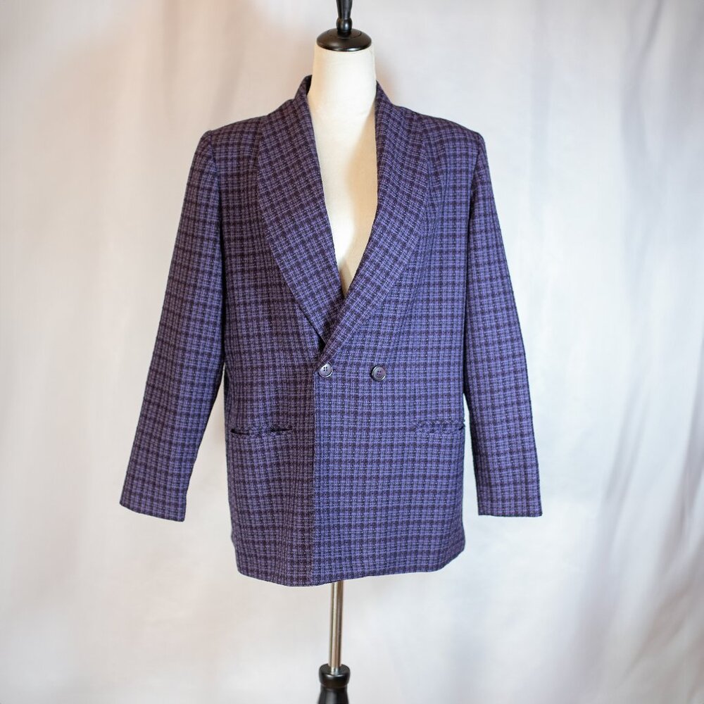 Adolfo Studio Womens Vintage Plaid Oversize Purple Blazer Double Button Size 14P